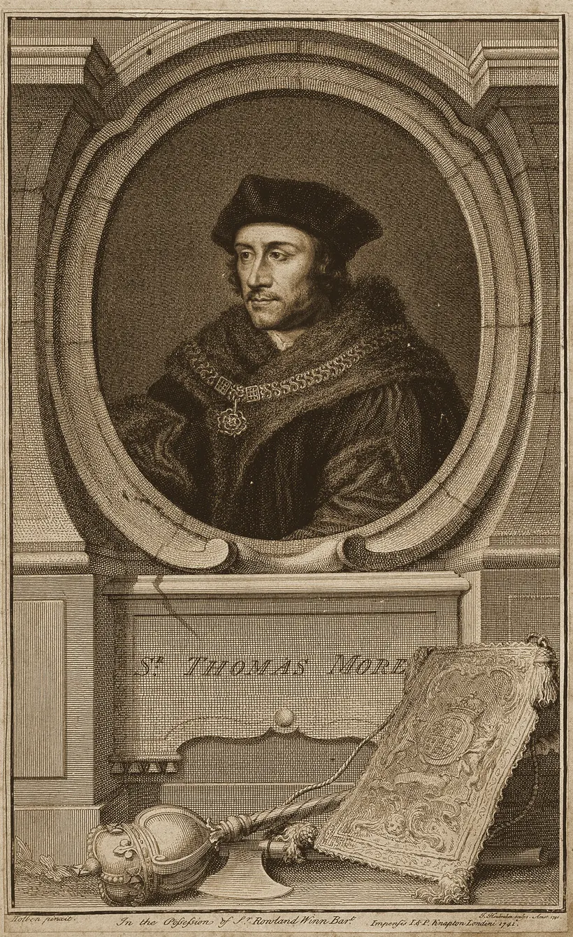 Sir Thomas More: etching by Jacobus Houbraken after Hans Holbein, 1741, with the Chancellor's purse and mace